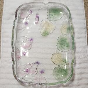 Vintage Crystal Clear Studios 1980Floral Glass Tray with Green and Purple Accent